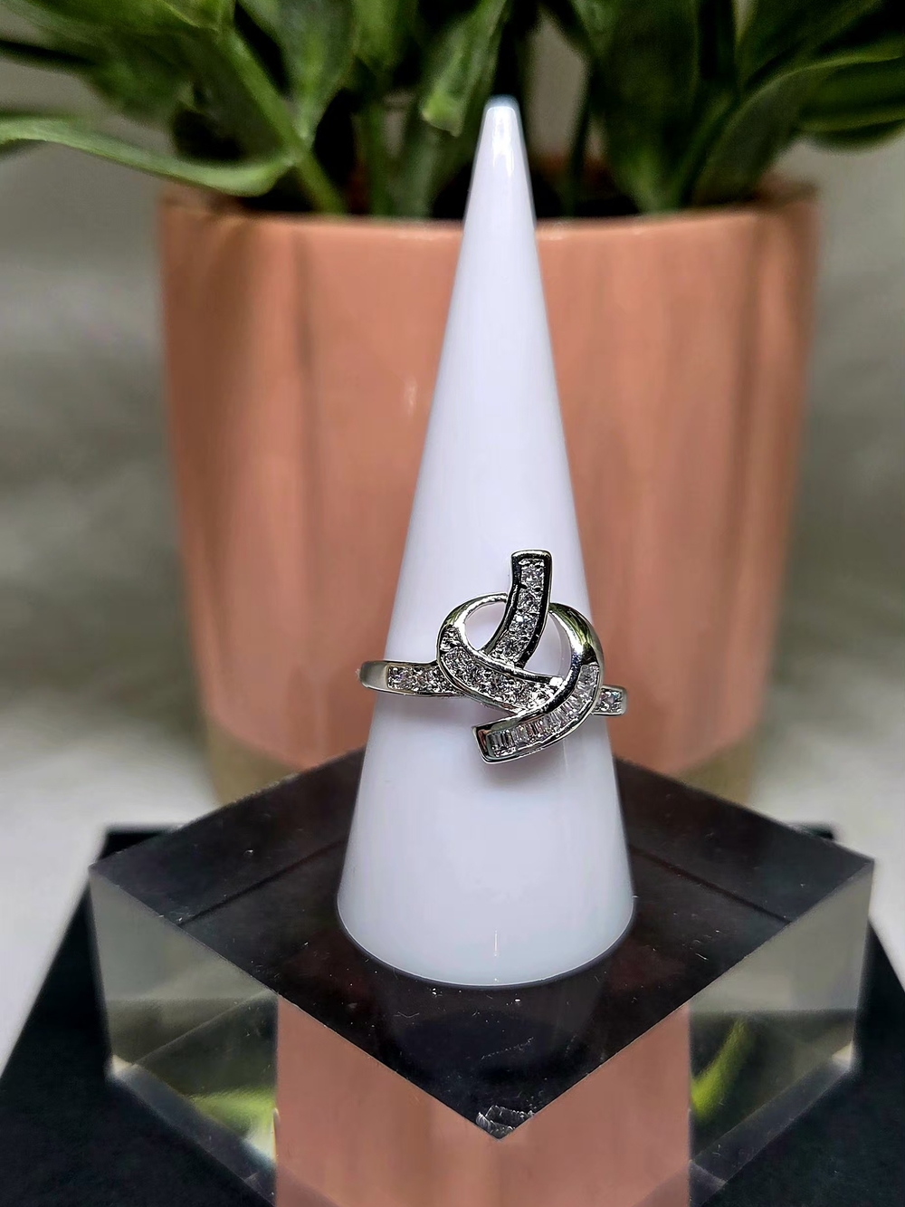 Silver Knot Ring with Clear Pavé Stones